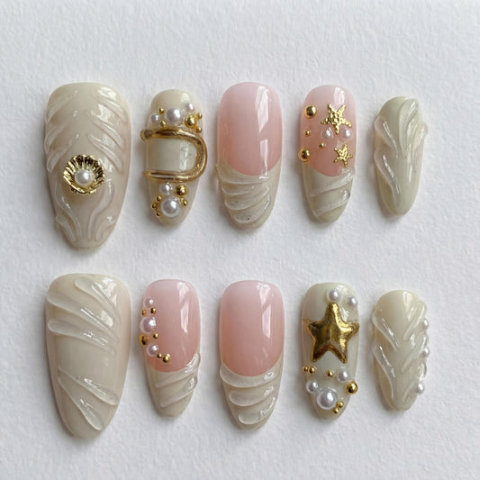 IMRAIN Handmade Press on Nails - White Pearl & Gold 3D Jewelry Design - 10Pcs Almond Shape Vintage Baroque Heavy Industry Luxury Nails(s)