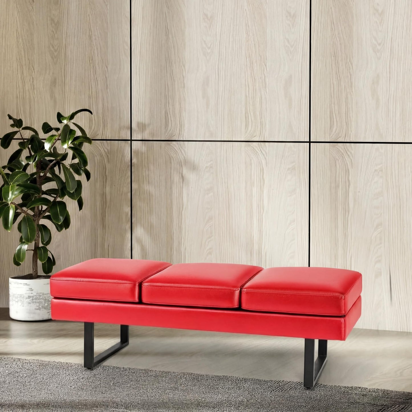Shahoo 3 Seats Faux Leather Reception Bench, 60 Inches Office Guest Chair with Heavy-Duty Metal Legs, Upholstered Waiting Room Chairs for Office,Conference & Living Room, Red