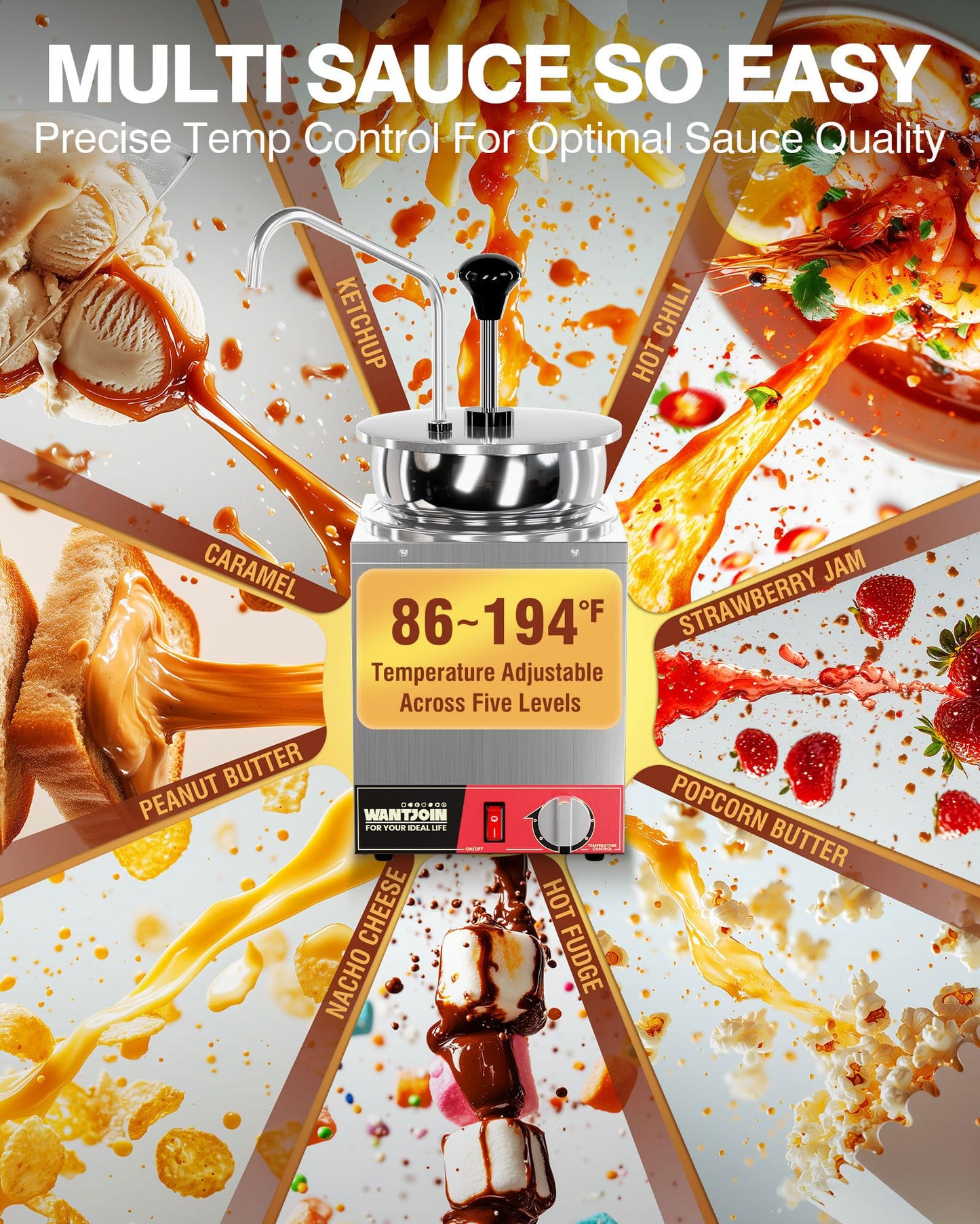 WantJoin Nacho Cheese Dispenser with Pump - 4.6QT Commercial Stainless Steel Warmer with 86-185°F Temperature Control for Hot Fudge, Caramel & Sauces