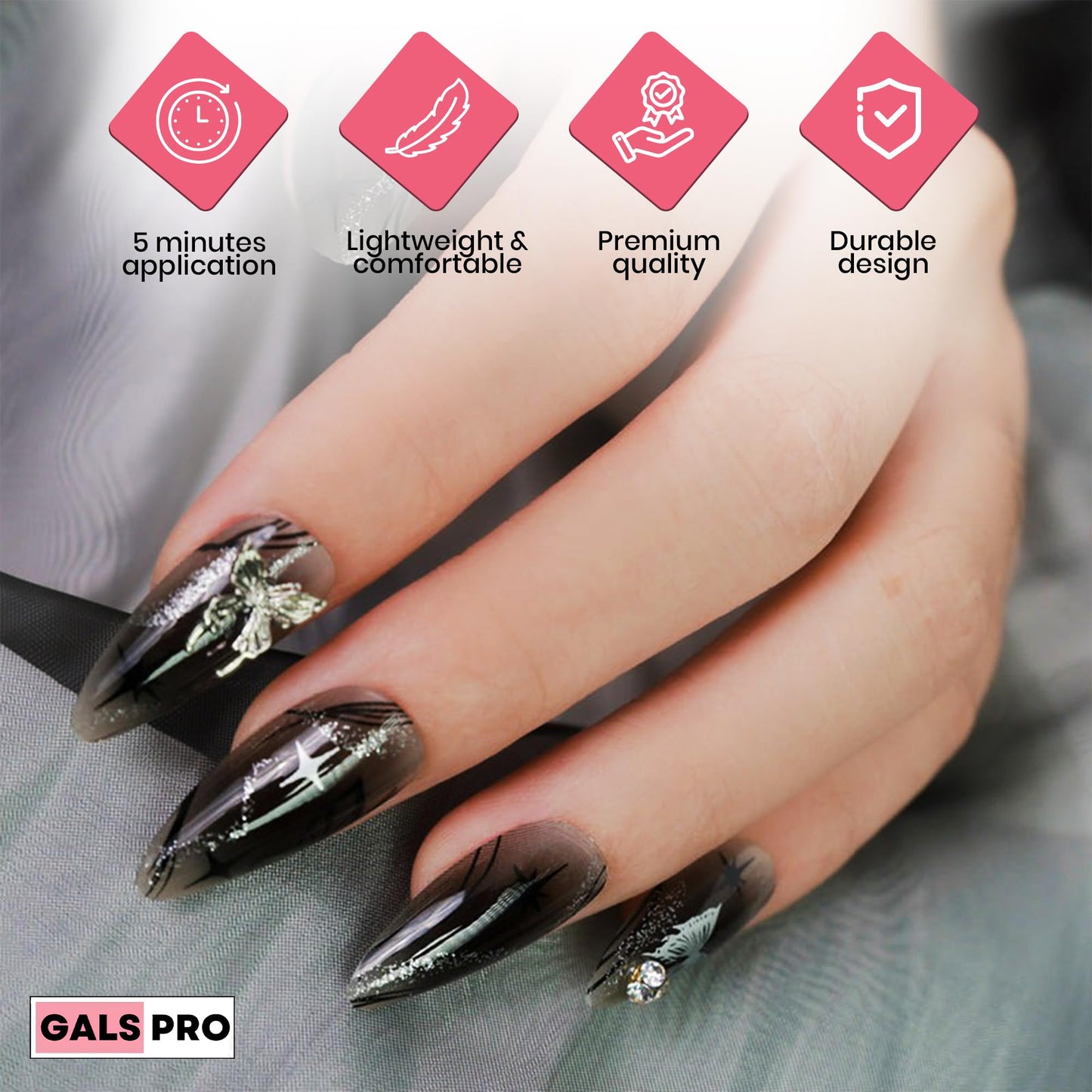 GALSPRO Medium Press on Nails - Set of 24 Fake Nails with Designs in 12 Different Sizes for Perfect Fit, Cute False Nails Kit for Women with 0.07oz Nail Glue, A Double Sided Nail File & Cuticle Stick