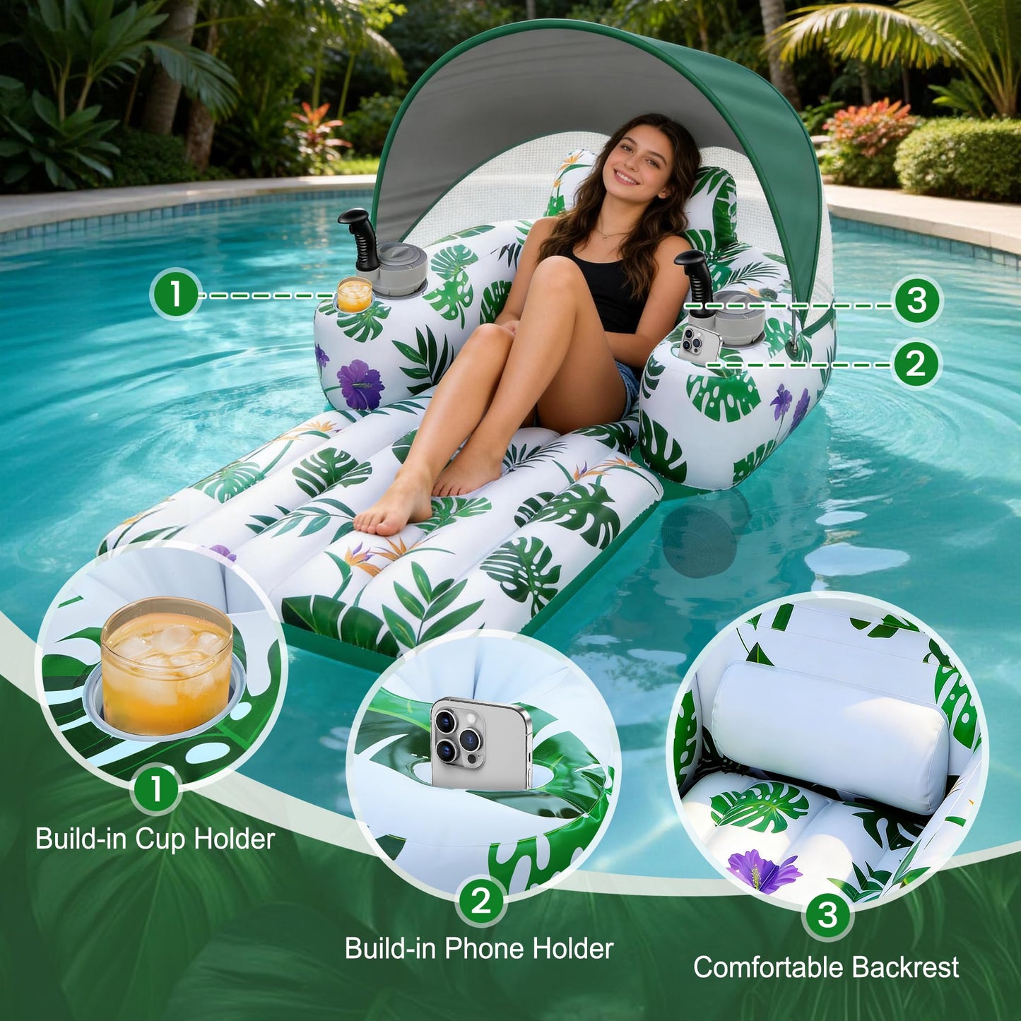 GIGIGO Motorized Pool Float with Canopy, Rechargeable Motorized Lounger for Adults with Dual Motors, Green Lake Floats Adult Size with Cup Holder for Parties, Vacations & Relaxation