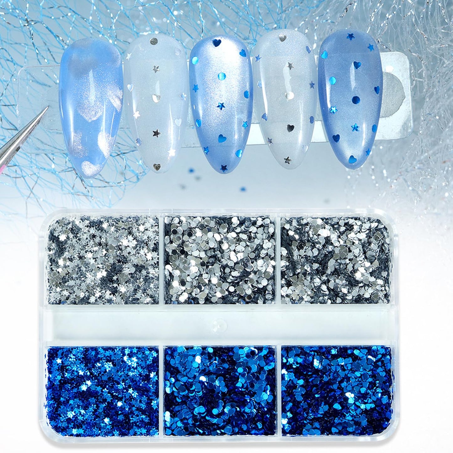 Summer Nail Glitters 6-Grid 1mm Mini Blue Silver Nail Glitter Flake Kit, Mini Mixed Glitter Mail Art, 3D Holographic Sparkly Heart Star Round Design Nail Sequins Paillette for Women Manicure DIY Decor