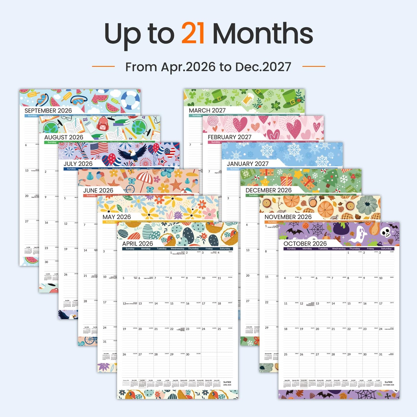 SUNEE 2026 Wall Calendar Large 22.75"x15.5", 21 Month Calendar (Ends December 2027), Vertical Extra Large, Seasons Color