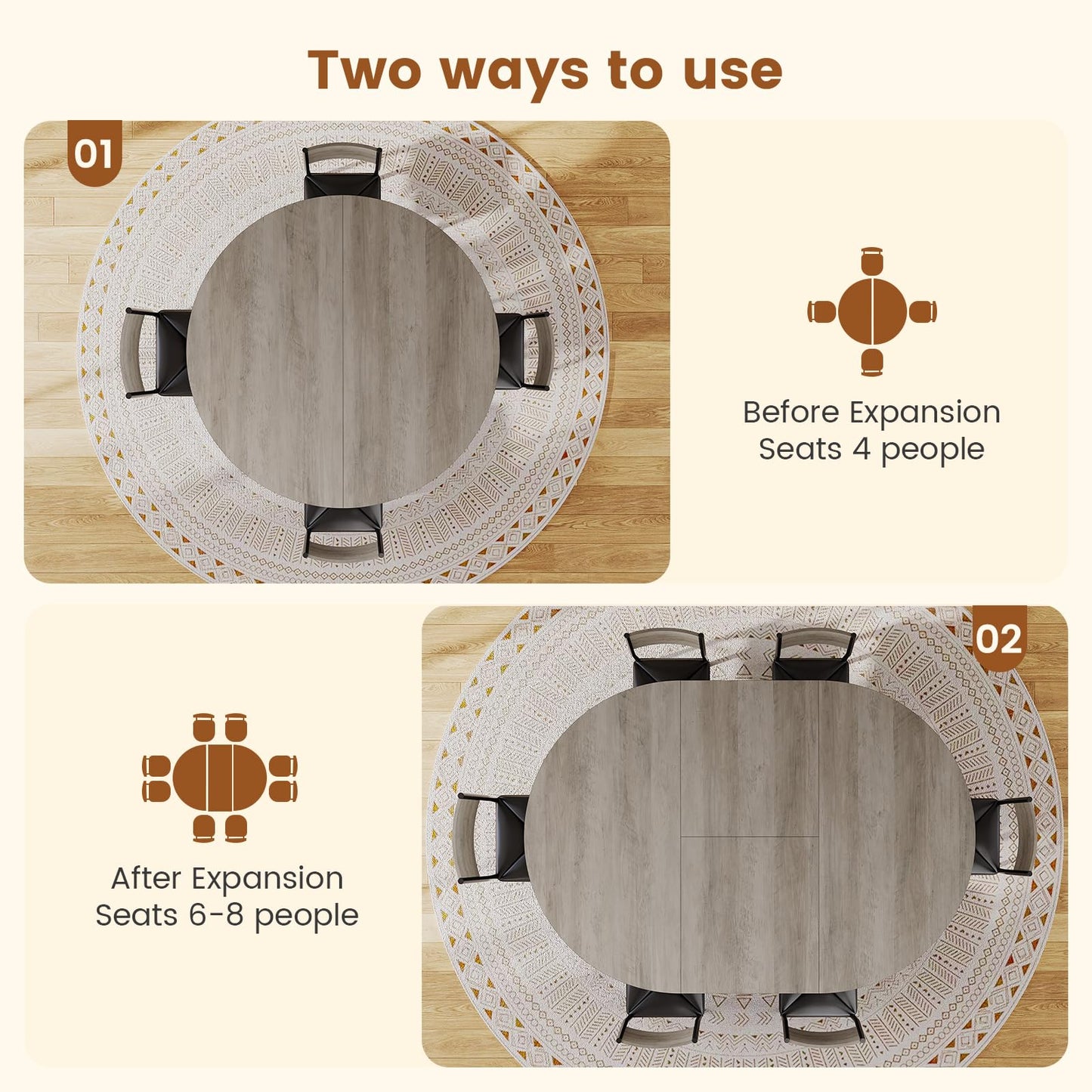 Itaar Round Extendable Dining Table Set for 4-6 People, 5-Piece Kitchen Table Set with 4 Cushion Chairs, Dining Room Table for 6 with MDF Board & Metal Frame for Small Space, Easy Clean, Grey