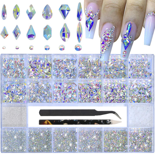 Nail Art Rhinestones - 12 Types of 600 Crystal AB Diamonds, 3D Flatback DIY Pearls, Gems, Beads, Flat Back Stones Set, with Kit, for Nail Art Decor
