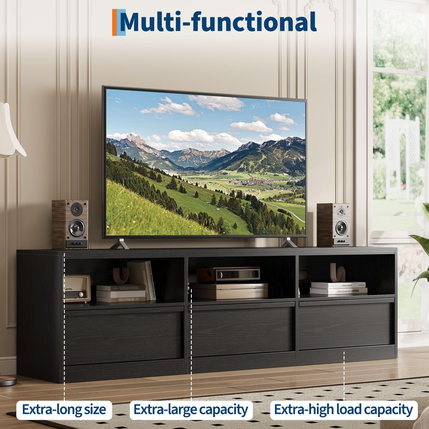 IDEALHOUSE 70 inch TV Stand for 80" TVs, Mid Century Modern Entertainment Center with Storage Drawer & Open Shelves, Wood Media Console Cabinet for Living Room/Bedroom, Black