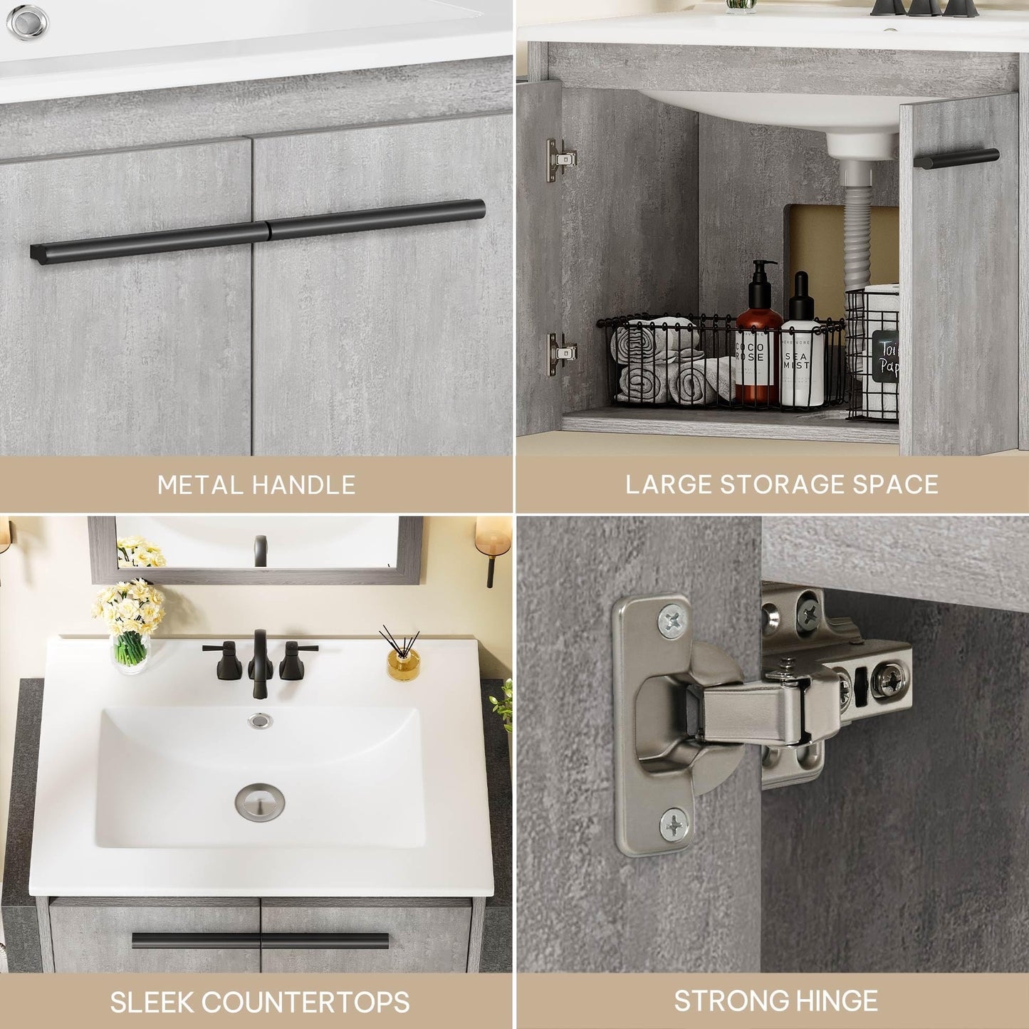 DWVO 24" Bathroom Vanity with Sink Combo, Wall Mounted Modern Bathroom Cabinet with Ceramic Sink, Large Storage Double Soft-Close Doors Cabinet Vanity, Grey