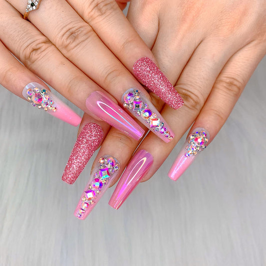 Artquee 36pcs Pink Ombre Crystal Press on Nails with 3D Rhinestones Mixed Pink Metal and Glitter Glossy False Nails Long Ballerina Coffin Flash Fake Nail Tips Manicure for Women