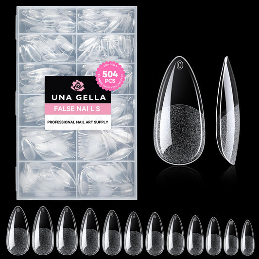 UNA GELLA Almond Gel Nail Tips, 504PCS Pre Etched Clear Fake Nails Tips Medium Almond Shape - 12 Sizes Full Cover Soft Acrylic Press On Nail Extensions No C Curve Gift for Diy at Home