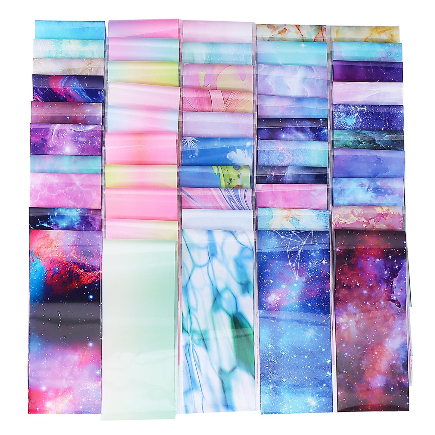 Nail Foils Transfer Nail Art 50PCS Holographic Starry Sky Stickers Marble Decals Nail Supplies Colorful Gradient Pink Blue Nail Art Foil Transfer Sheets Paper for Women DIY Designs Manicure Accessory