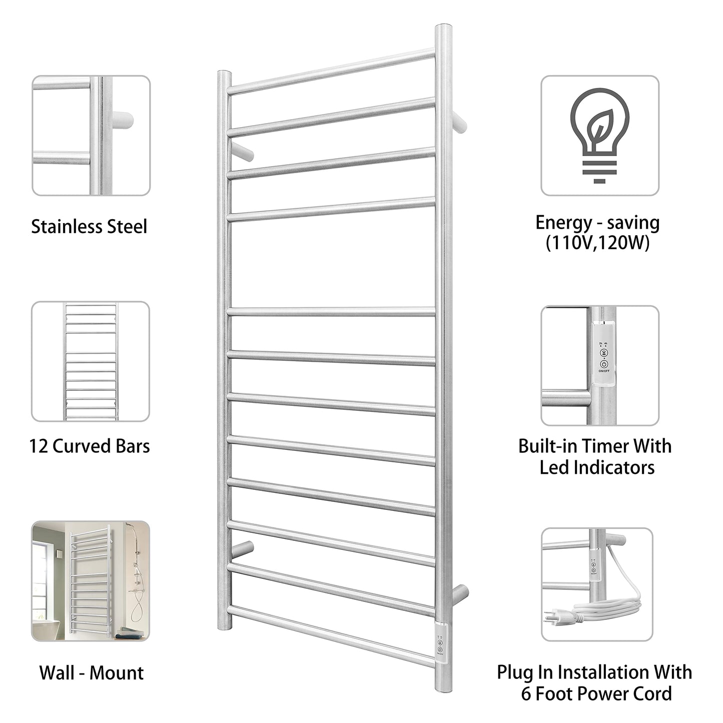 KEG Towel Warmer Wall Mounted with Built-in Timer 12 Bars Electric Stainless Steel Heated Towel Racks for Bathroom, Hot Plug-in Bath Towel Heater Brushed Nickel