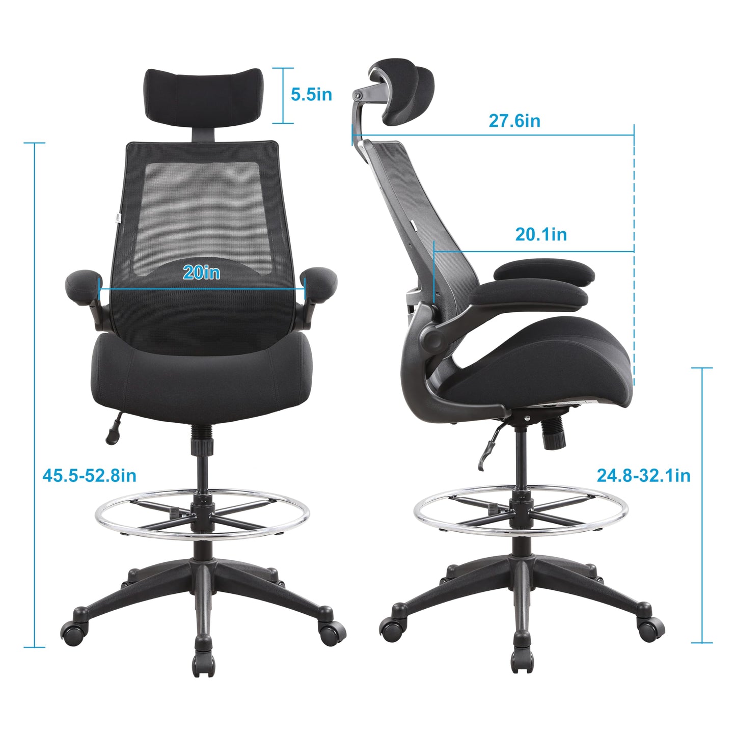 BOLISS Drafting Office Chair 400lbs High Back Wide Standing Desk Chair Comfortable with Flip up Armrests Lumbar Support Adjustable Big Footrest Ring(Black)