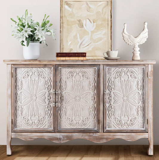 FansaFurn Accent Storage Cabinet with 3 Carved Doors and Shelves, Farmhouse Sideboard Buffet Sideboard with Storage, Wood Kitchen Cabinet for Living Room, Entryway, Dining Room and Kitchen, Wash Grey