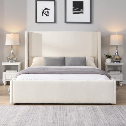 Merax Queen Size Bed Frame, Elegant White Upholstered Platform Bed with 41.1" Tall Wingback Headboard for Bedroom, Solid Wood Slats Support, No Box Spring Needed, Easy Assembly