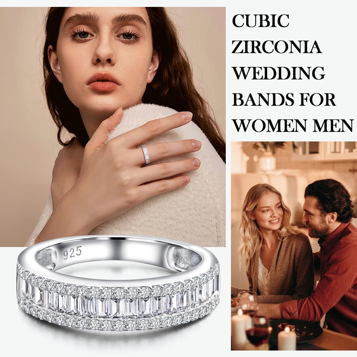 RANDES Channel Diamond Wedding Band Sterling Silver 6mm Thick Cz Emerald Cut Half Eternity Band Cubic Zirconia Rings for Womem Size 9
