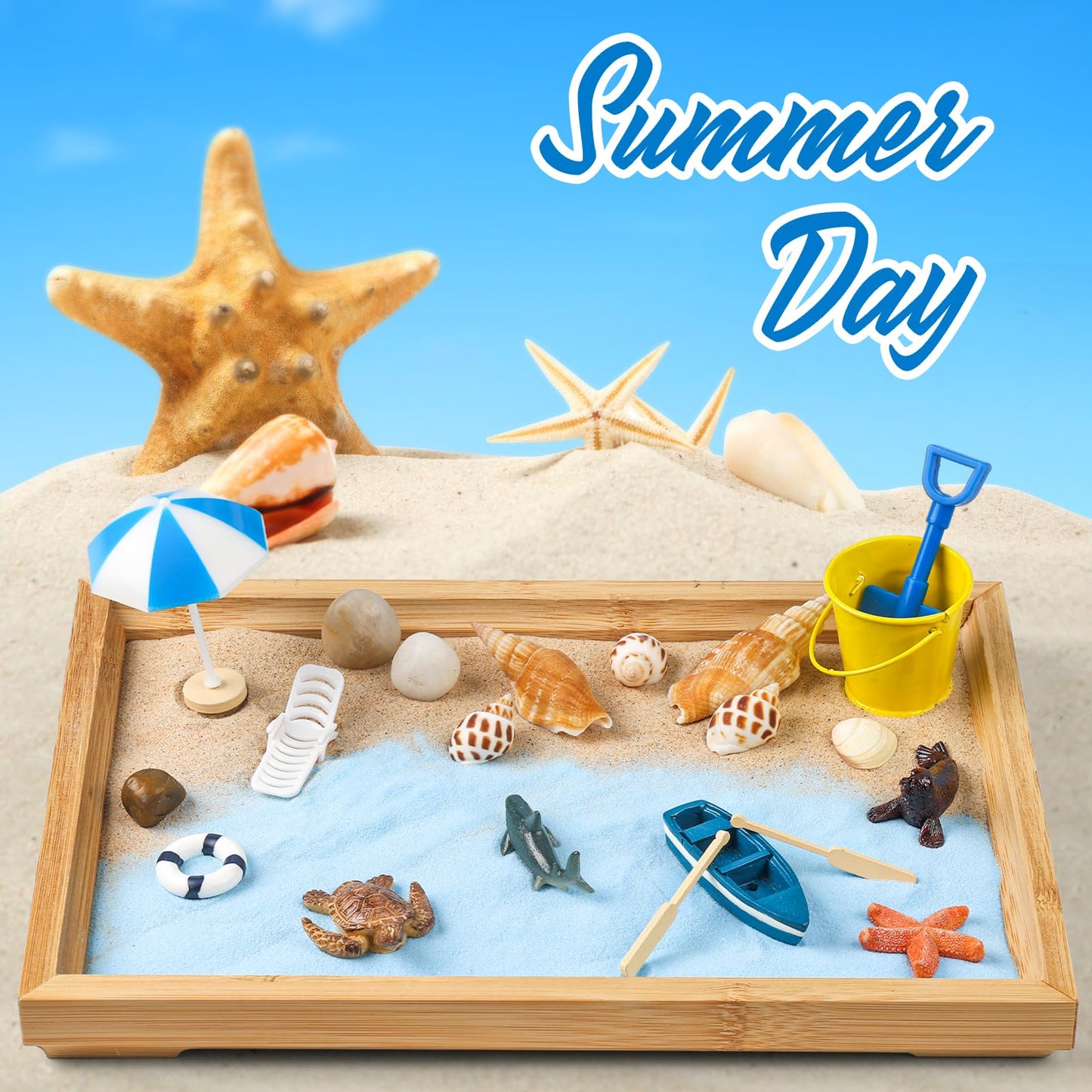 Zen Garden Kit for Desk - Premium Beautiful Japanese Mini Beach Zen Sand Garden Box Decor Set for Home, Office with Bamboo Tray, Sand, Tools, Shark, Ship - Desktop Meditation, Accessories Zen Gifts