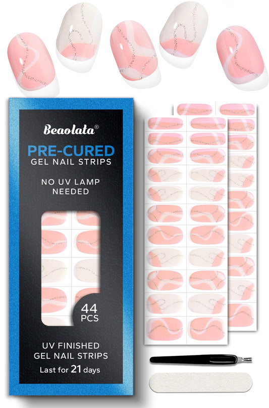 Beaolata Real Gel Nail Strips (No UV Light Needed) - 44Pcs Salon Quality Nail Stickers - Long Lasting Polish Wraps for Women, Easy Apply & Remove (Marble Pink)