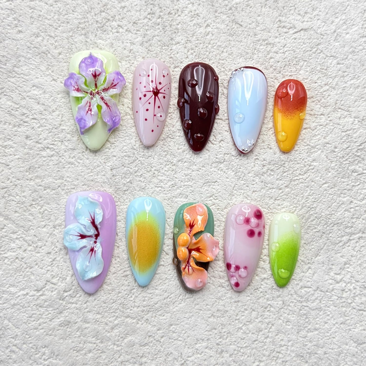 RIICFDD Handmade Press on Nails Medium Almond Thick Acrylic Nails,Tropical Flower Art Fake Nails with Water Droplet Pattern Designs Nature Stick on Nail False Nails for Wome (Size S)