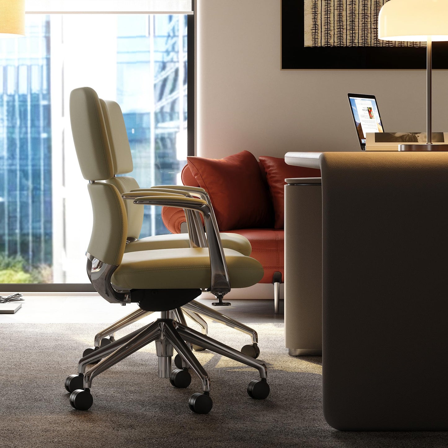 TOMU Genuine Leather Office Desk Chair with Wheels, Ergonomic Leather Executive Chair, Mid Back, Swivel Base with Adjustable Tilt, Modern Style, Luxury Aluminum Frame (Beige)