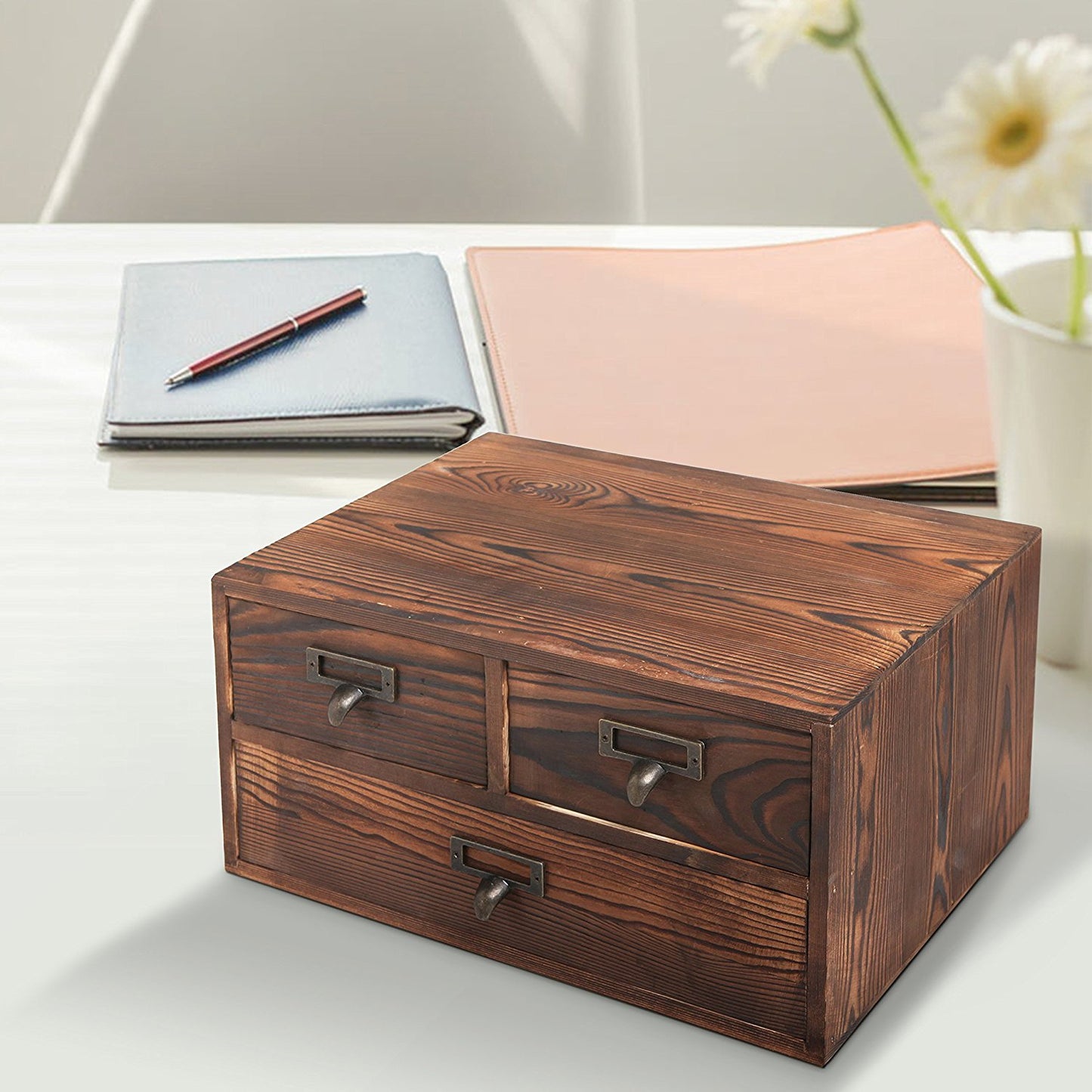 MyGift Wooden Desk Organizer with Drawers, Dark Brown Wood Desktop Storage Cabinet with 3 Drawers for Office Supplies, Sewing Kits and Accessories