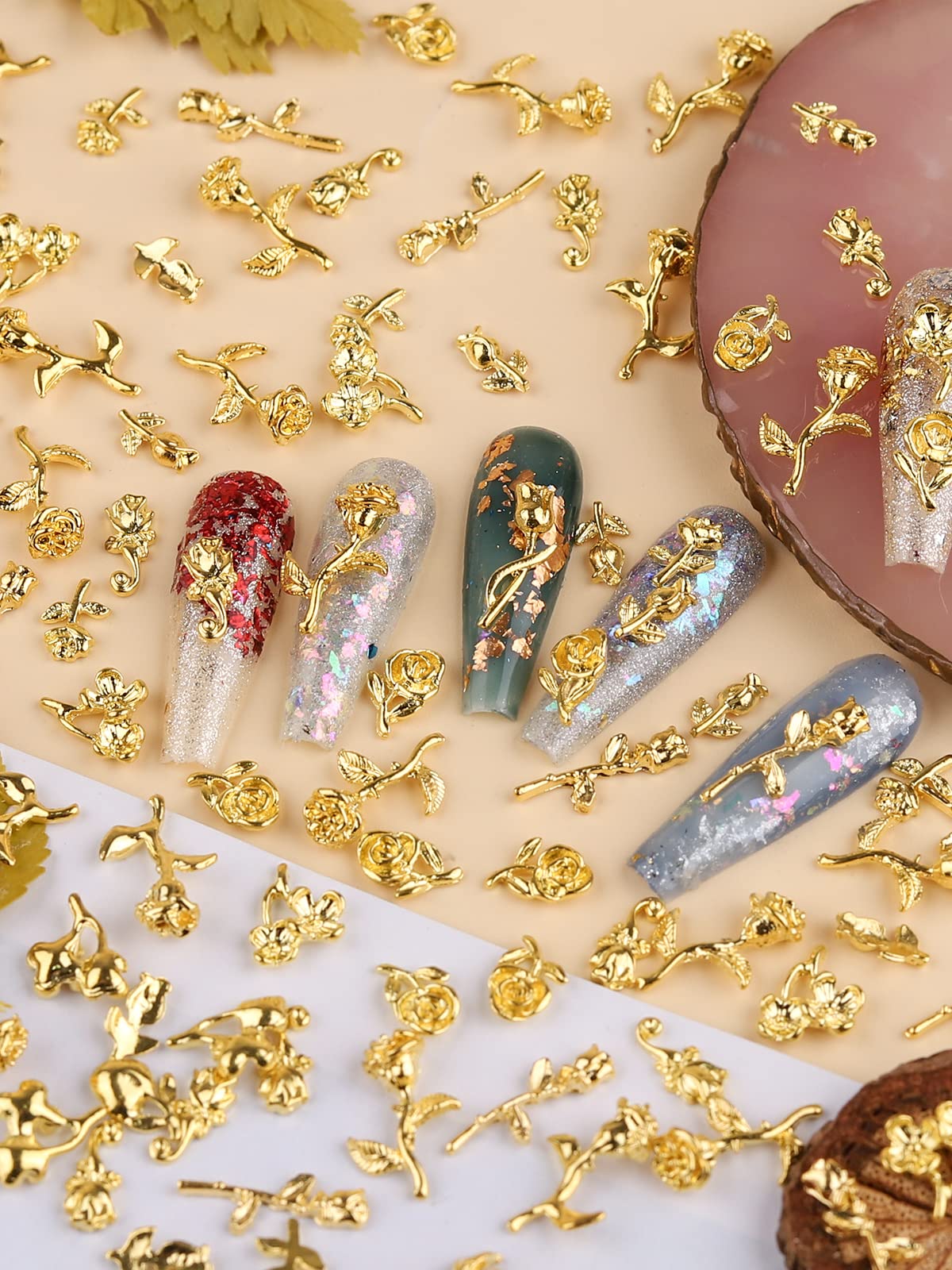 TOROKOM 120 PCS 3D Gold Rose Nail Art Charms Romantic Flowers Nails Decorations Alloy Nail Charms for Girls Women DIY Nail Design Craft Jewelry Making