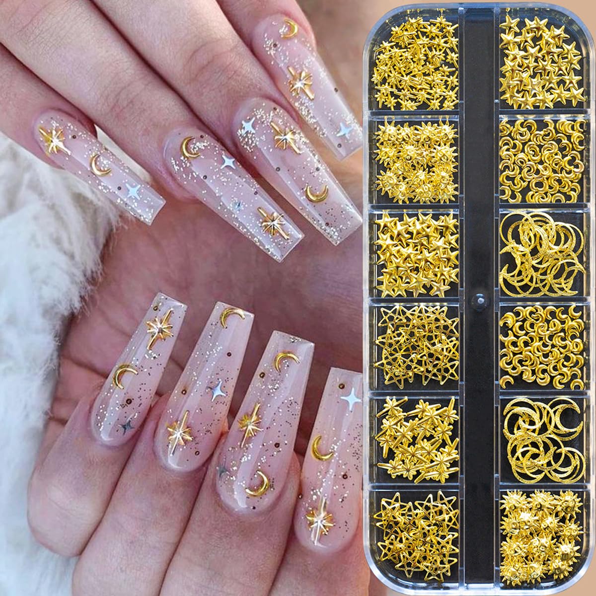 Gold Star Nail Charms Silver Moon Nail Art Charms, Alloy Sun Nail Rhinestones, Alloy Gold Nail Art Rhinestones for Women 2Boxes