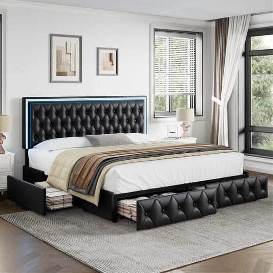 Keyluv Queen Upholstered LED Bed Frame with 4 Drawers, PU Leather Platform Storage Bed with Adjustable Button Tufted Headboard and Solid Wooden Slats Support, No Box Spring Needed, Black