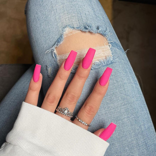 KQueenest Matte Neon Hot Pink Press on Nails Long Medium Square, Fake Nails Press ons, Glue on Nails Coffin For Women, Vibrant Gel Square Tip Nails, Acrylic Nails for Finger Decoration