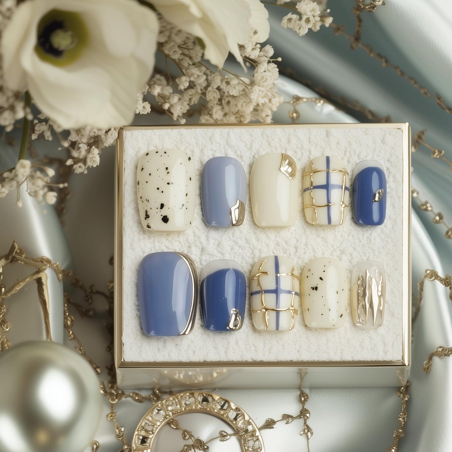 Fine Point Salon-Quality Handmade Baby Blue & Cream Checkered Short Squoval Press On Nails with Gold Foil, Grid & Speckled Design Reusable Chic Acrylic False Nails Durable (Size Medium)