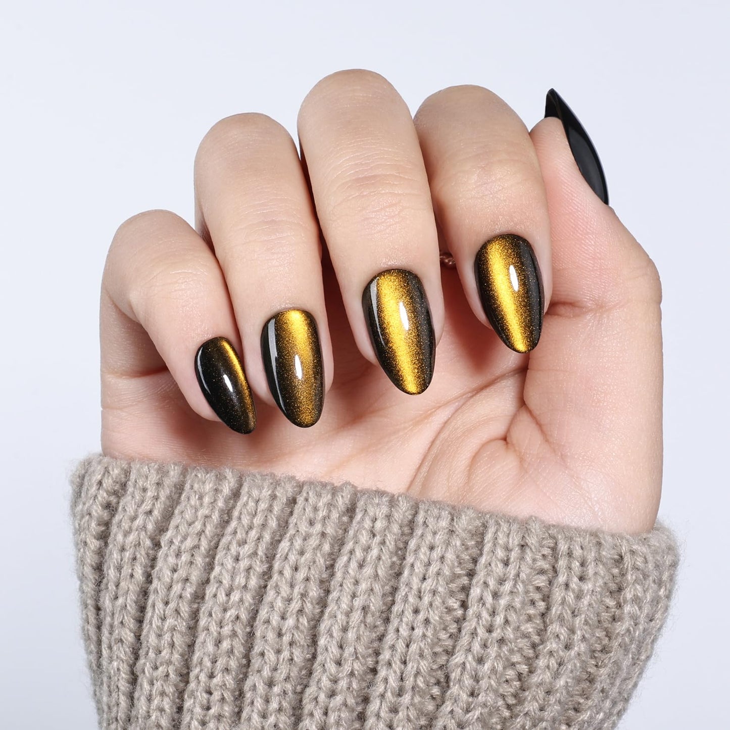 Gold Cat Eye Press On Nails Almond - Short Almond Fake Nails with Nail Glue, Gold Cateye Press On Nails Reusable Stick On Nails in 16 Sizes 32 Nail Kit for Women & Girls | Salon Quality