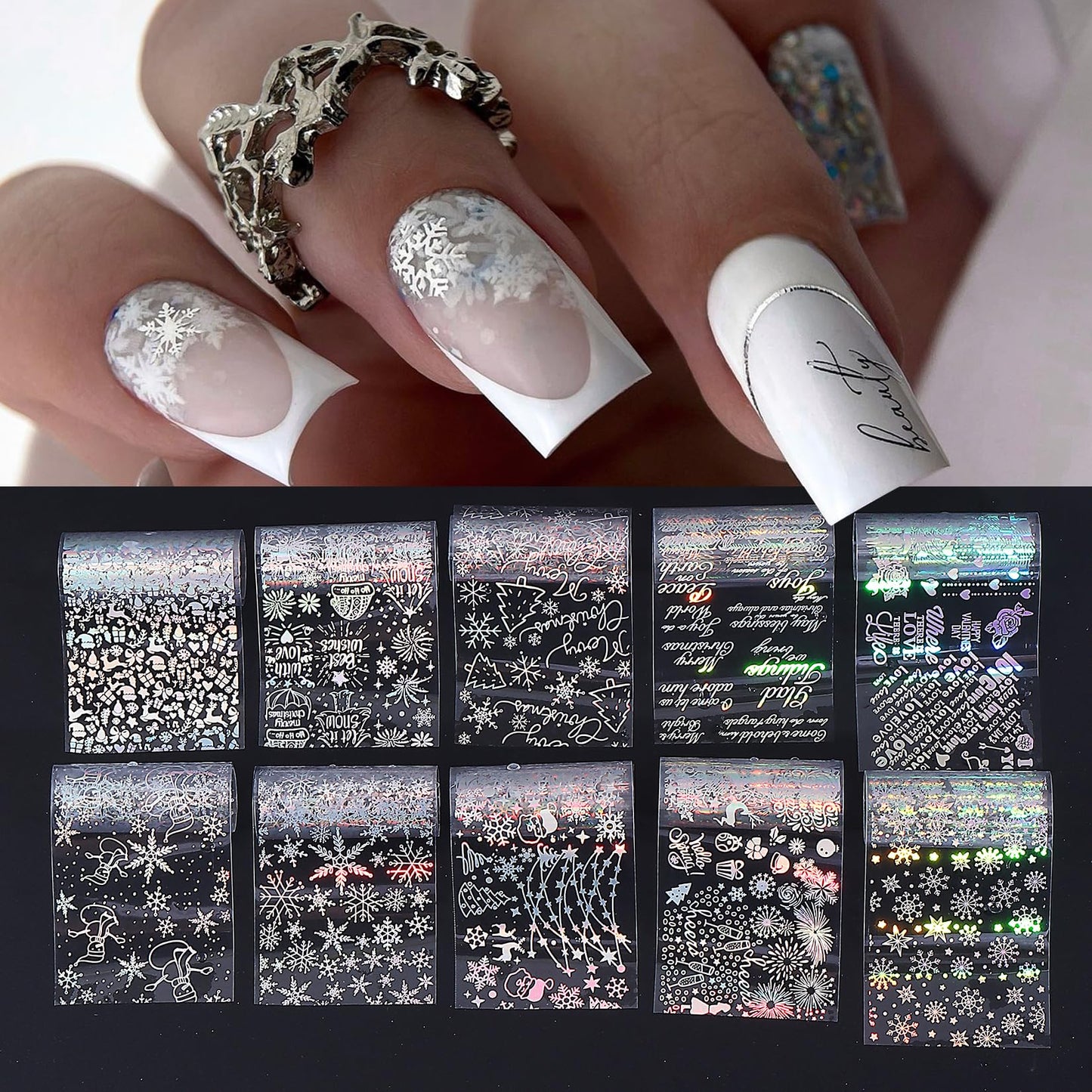 Christmas Nail Foil Transfer Nail Art 50 Sheets Winter Snowflake Stickers Xmas Tree Snowman Elk Star Nail Art Foil for Holiday Nails Art Design for Women Manicure Decoration DIY Supplies