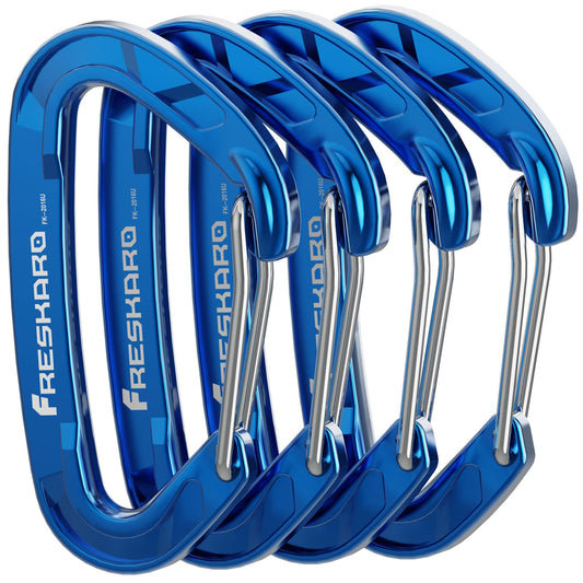 FresKaro Carabiner Clip, Wire Gate Caribeener Heavy Duty, Caribeaner Hook, Strong, Lightweight, 15kN 4Pack for Keychain, Key, Gym, Golf Bag, Dog Collar, Hammock, Outdoor Camping, Medium Size, Blue