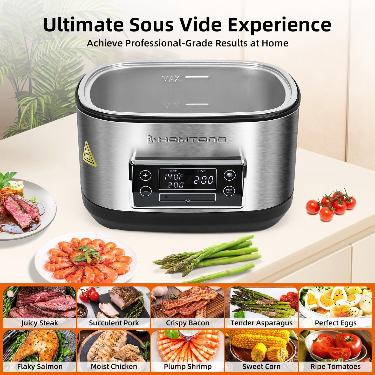 Homtone 8 Quart Sous Vide, Temperature Control Sous Vide Cooker with Timer, Stainless Steel Sousvide for Steak/Seafood/Vegetables, Suveed Cooking Machine Precision Steak Cooker with Vacuum Bags
