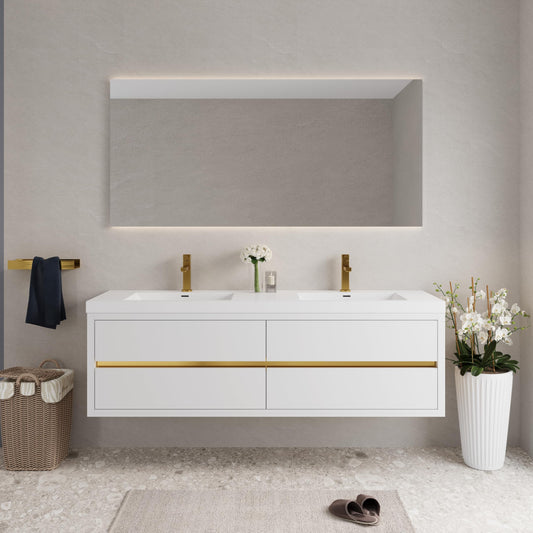 GDFStudio 72" Wall Mounted Double Sink Bathroom Vanity, Floating Vanity with Stone Resin Countertop, Floating Bathroom Storage Cabinet with Soft Close Drawers, Pre-Assembled Base, Glossy White