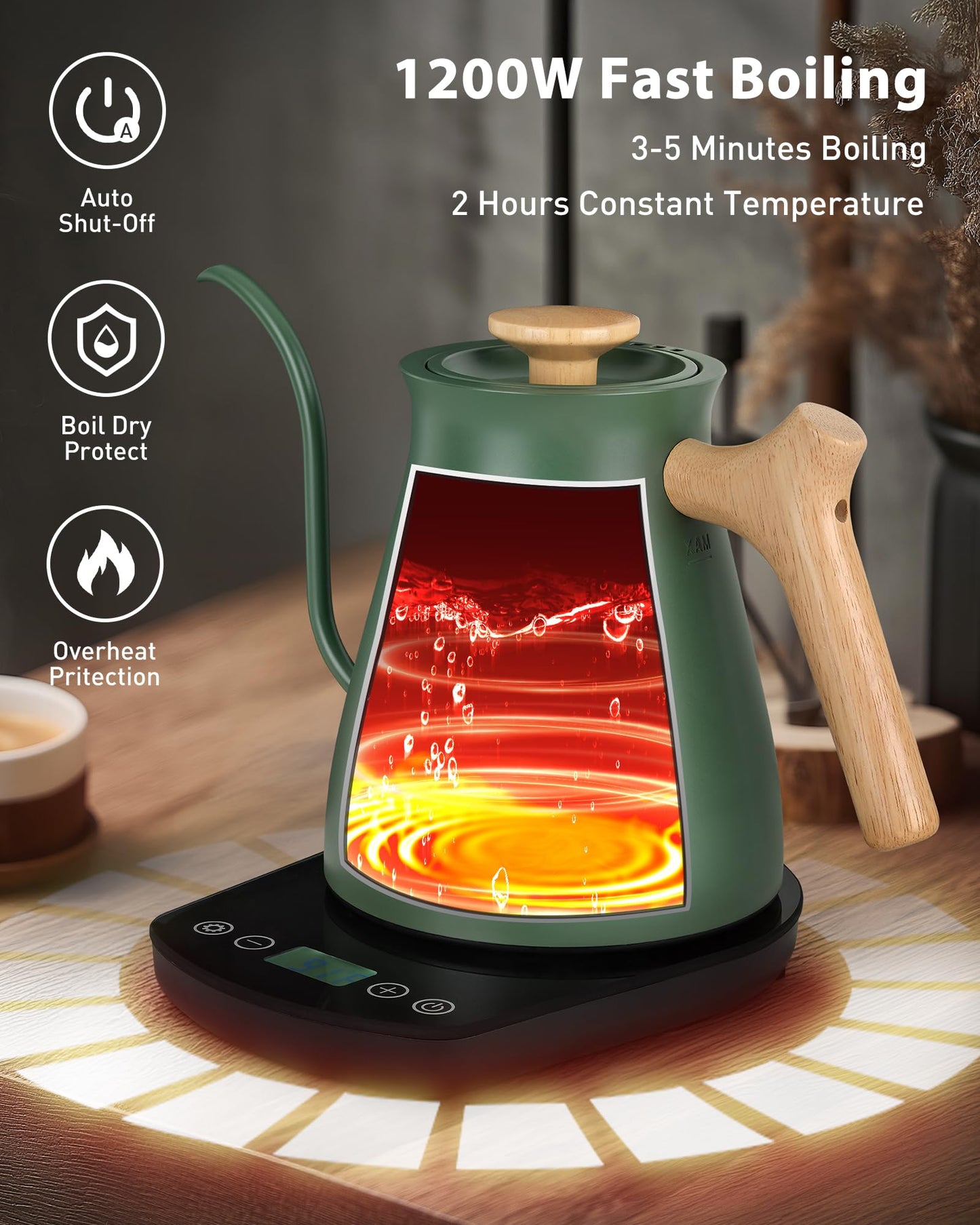 Harriet Gooseneck Electric Kettle - 1200W Fast Heat, 0.8L Stainless Steel, Precision Temp Control & Timer, Wood Handle, Pour Over Coffee and Tea, Green