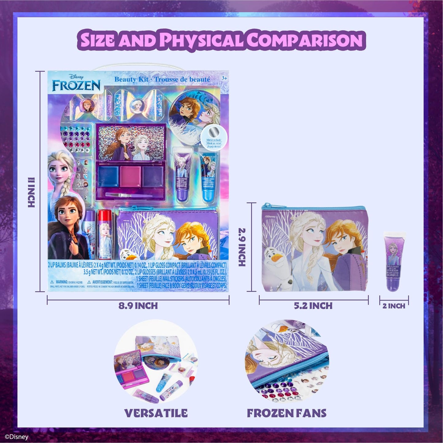 Disney Frozen Super Sparkly Kids Makeup Set for Girls with Clips, Lip Gloss, Nail Stickers, Lip Balm, Nail Gems, Mirror, Elsa and Anna Themed Purse, by Townley Girl ﻿