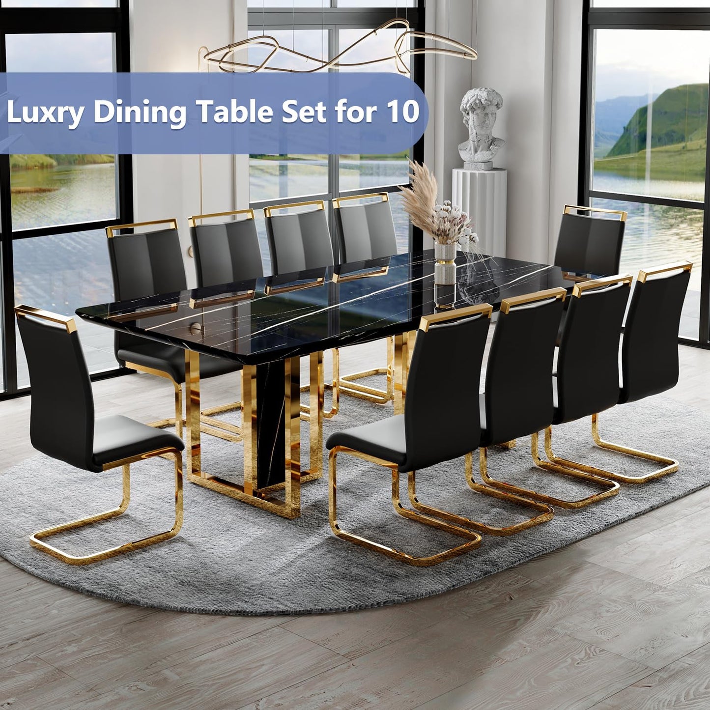 JUFU Dining Table Set for 10, 79'' Dining Table for 8-10 People with Faux Marble Tabletop and Sturdy Leg, White Rectangle Dining Room Table Set for 10 with Black PU Chairs, Perfect for Dining Room