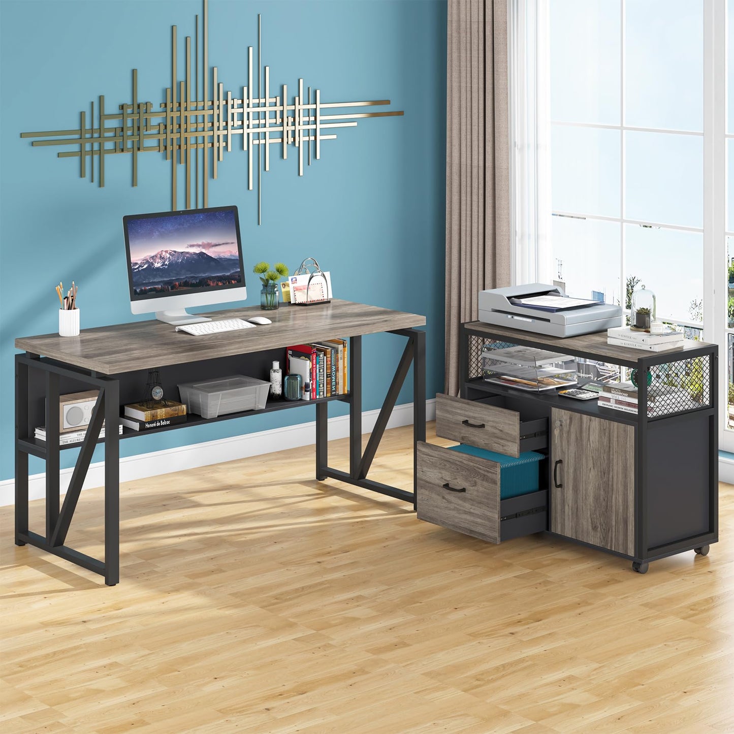 Tribesigns Grey Executive Desk with Cabinet, 55" L Shaped Computer Desk and lateral File Cabinet with Locks, 2 Piece Home Office Furniture Set for Hanging