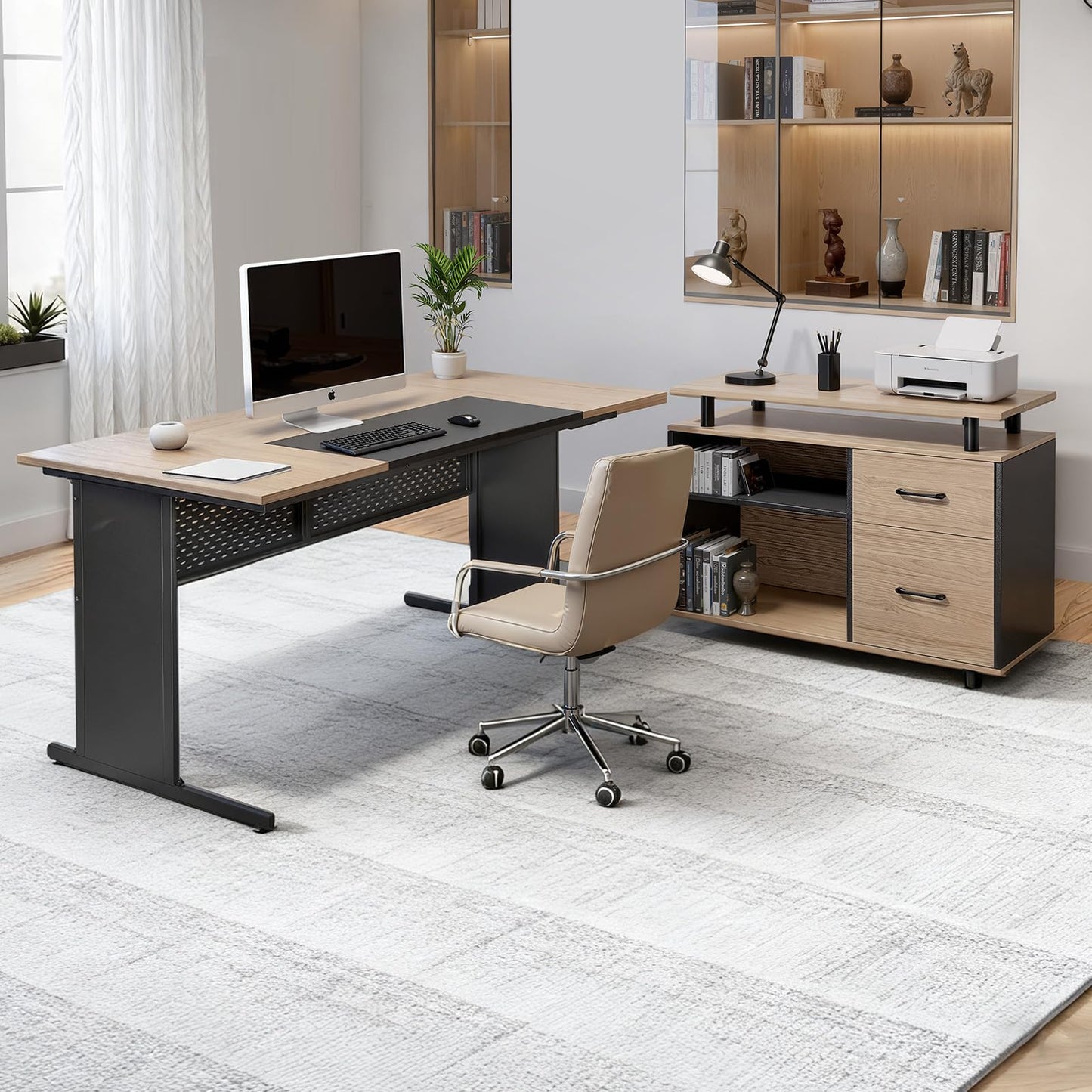 VEVOR 63" L-Shaped Executive Desk, Large Office Desk with Drawers, File Storage Cabinet, Detachable 350 LBS Load Capacity Corner Table, Easy Assembly, Business Furniture Workstation for Home Office