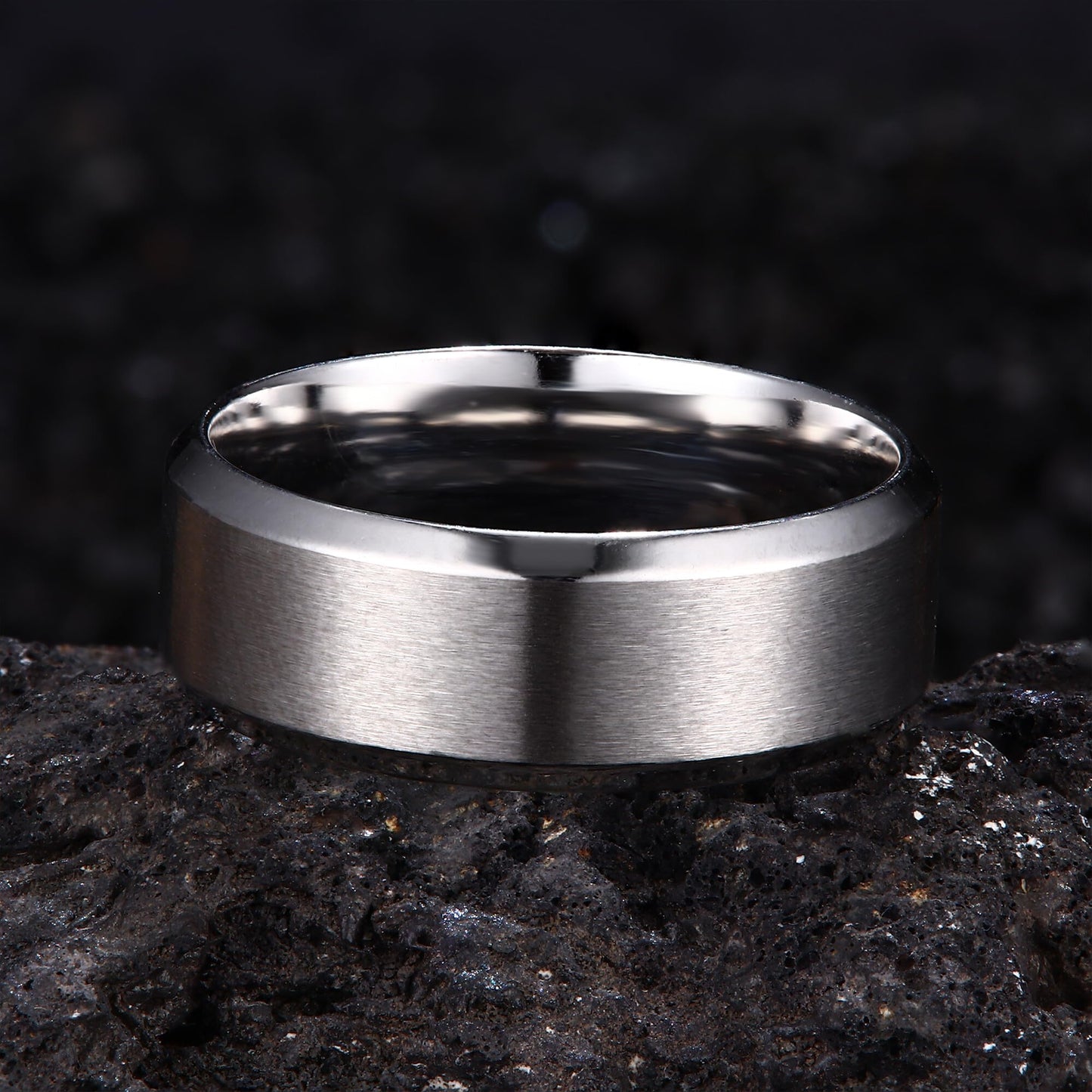 Jstyle Stainless Steel Rings for Men Women 8MM Wedding Band Rings Matte Surface - Beveled Polished Edge Mens Ring Size 9.5 Silver Plated Ring for Men