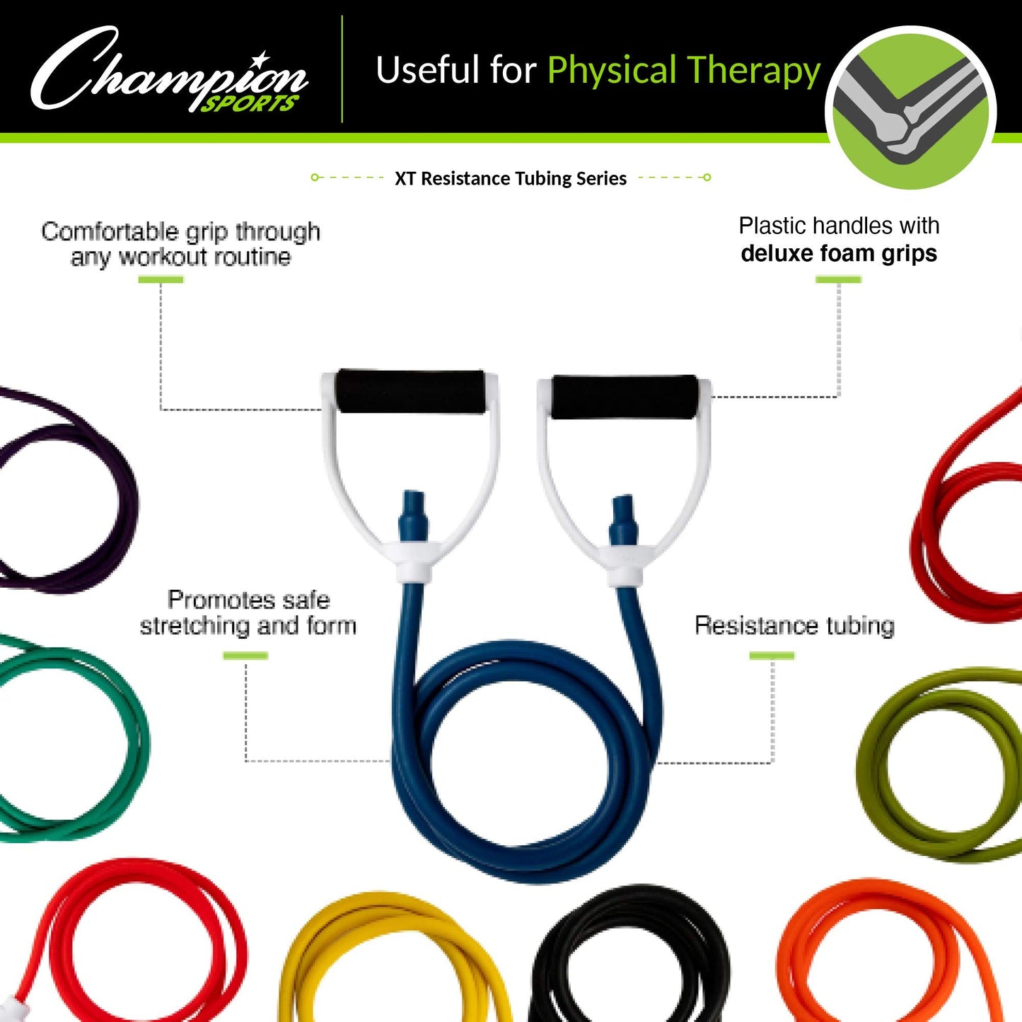Champion Sports Resistance Tube Bands for Men and Women, Durable Stretch Fitness Band for Strength Training, Stretching, Rehabilitation - Premium Home Workout Equipment - 90 Lbs Resistance Tubing-Blue