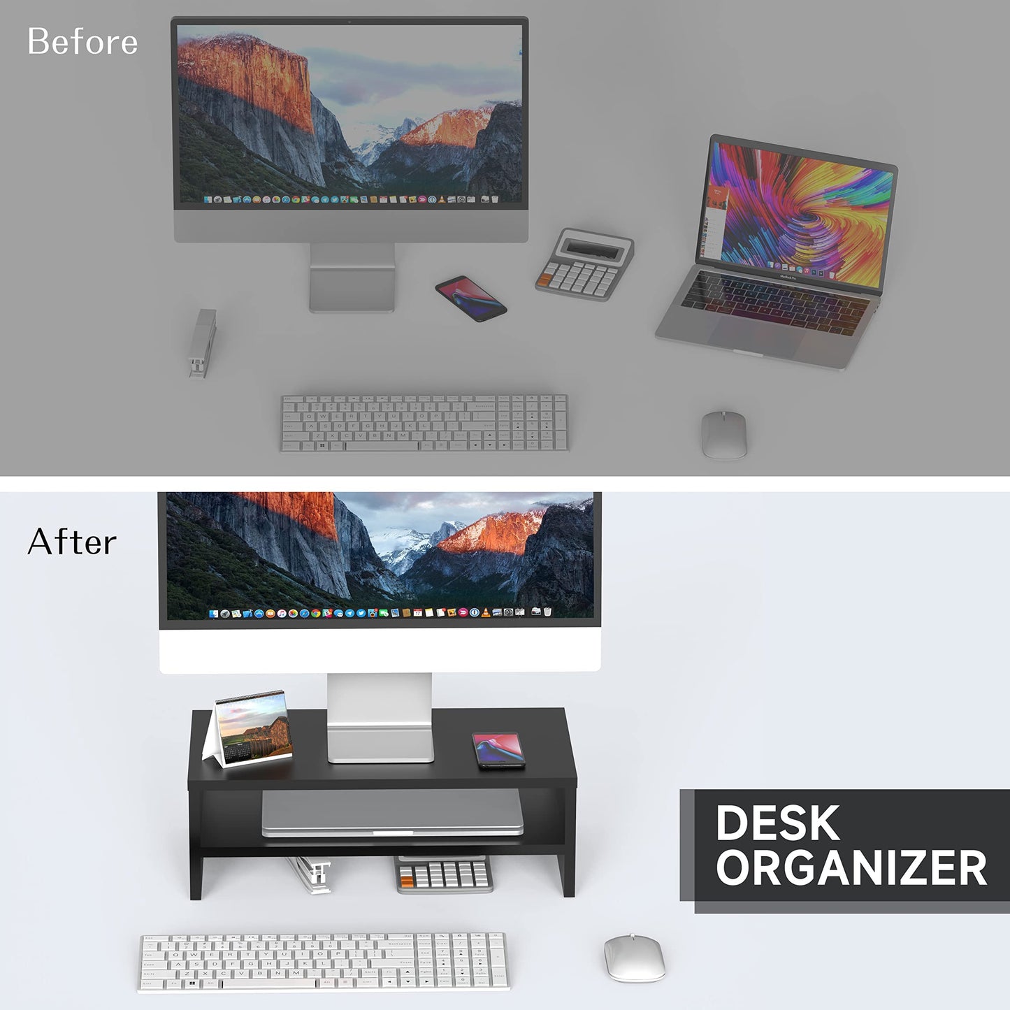 FITUEYES Monitor Stand - 2 Tier Computer Monitor Riser Shelf, Wood Desktop Stand for Laptop Computer Screen, Desk Organization, Office Supplies