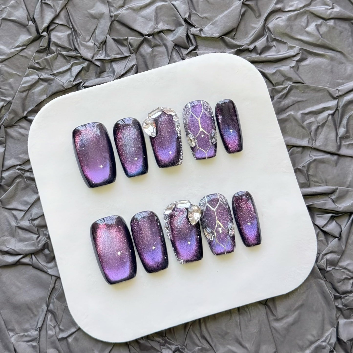 Purple Cat Eye Press On Nails - Galaxy Nebula Design with Crystal & Cracked Stone Accents, Short Coffin Shape, Reusable False Nails for Women (L)