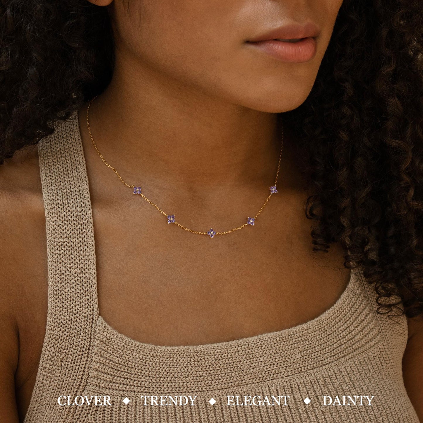 ZHESHY Birthstone Gold Necklace for Women Dainty Non Tarnish 14K Gold Plated Diamond Choker Necklaces Clover Cubic Zirconia Station Necklace Birthday Valentine's Day Gifts Womens Prom Gold Jewelry