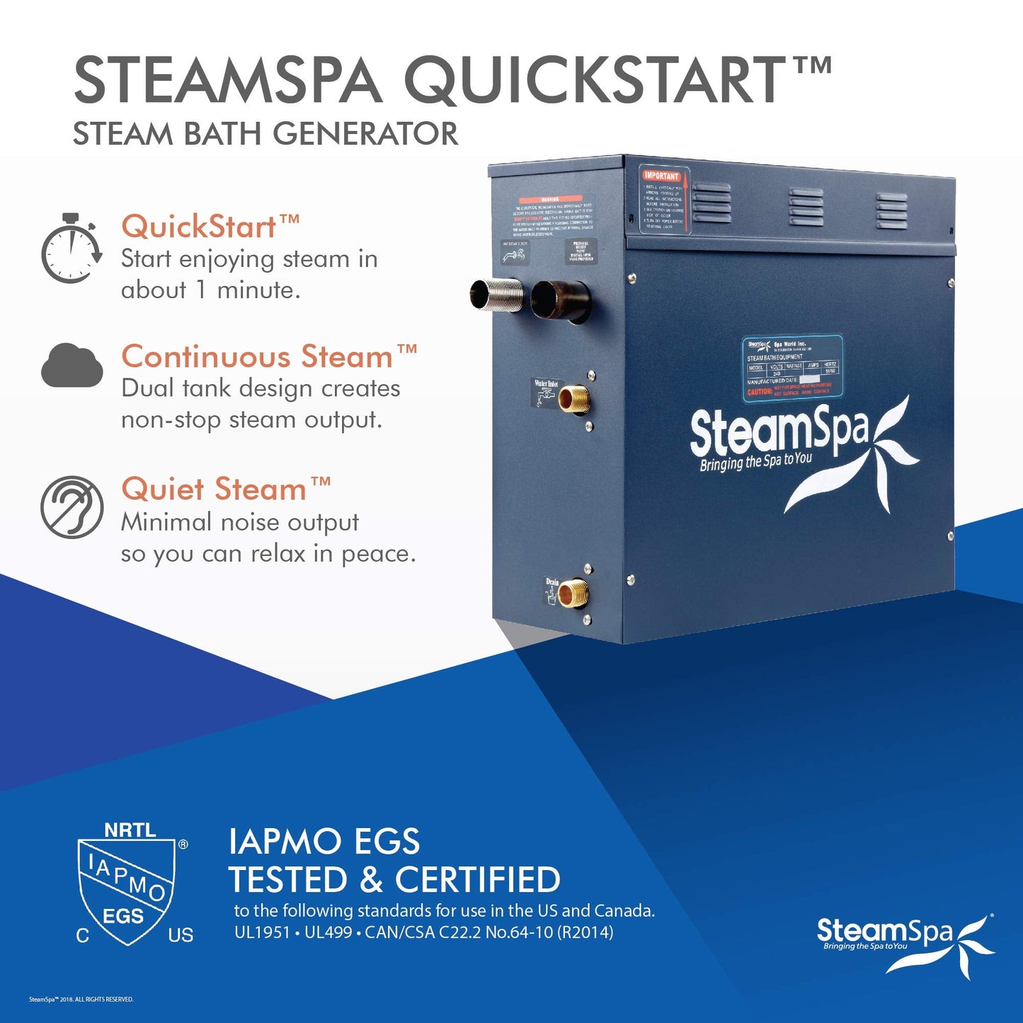 SteamSpa 9kW Steam Sauna Generator Sentry Series 240V Steam Generator with Touch Screen, Steamhead, Built-in Steam Shower Auto Drain, ACU Quickstart Steam Bath Generator Bundle SNT900CH-A