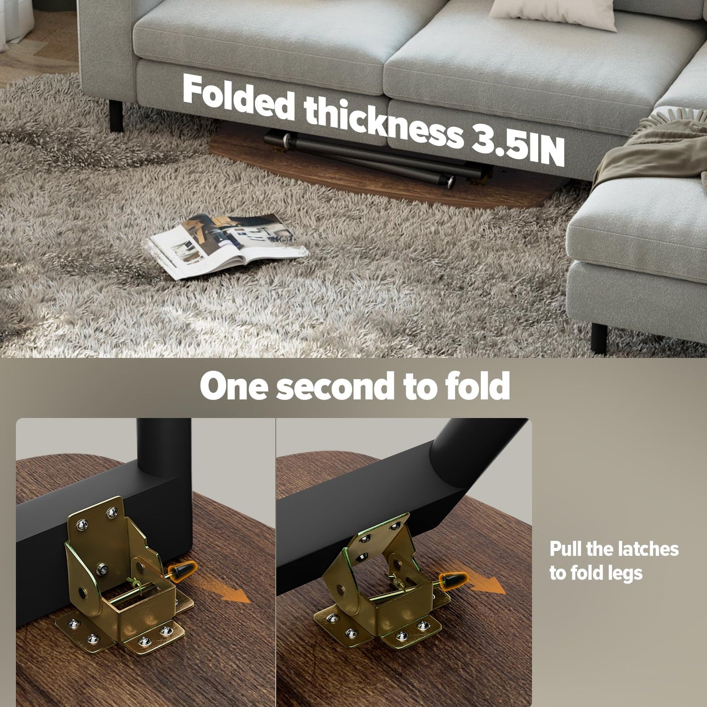 WOHOMO Folding Coffee Table for Small Spaces, No Assembly Farmhouse Portable Living Room Table, Walnut 39.3x19.6x17.7 Inch