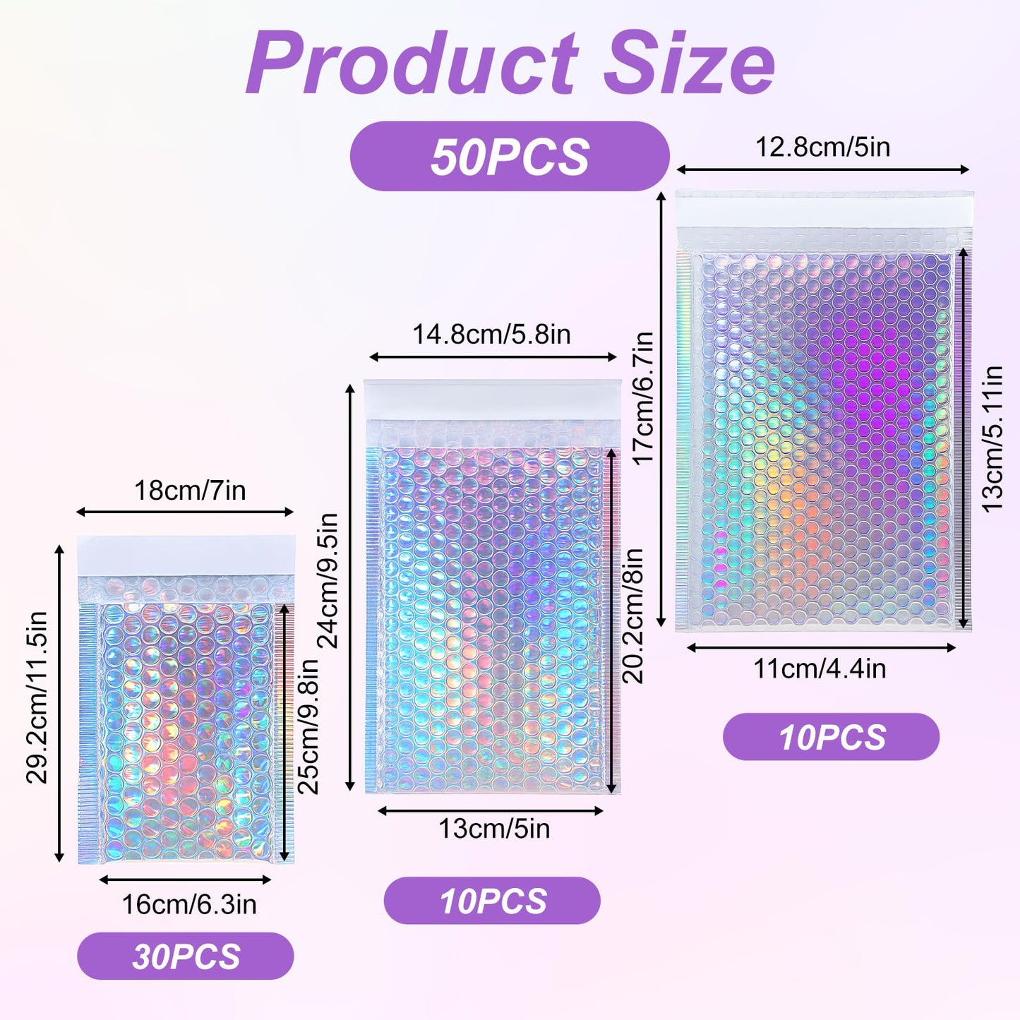 50 Pack Bubble Mailers, Holographic Bubble Mailers with 3 Sizes, Waterproof Self Seal Adhesive Foil Glitter Glamour Shipping Bags for Mailing, Packing, Small Business, Jewelry Makeup Supplies