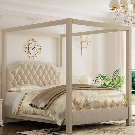 GAOMON Queen Canopy Bed Frame with Upholstered Headboard, Four Poster Design, Button Tufted, and Slide Rail, No Box Spring Required, Wooden Slatted Structure, Beige