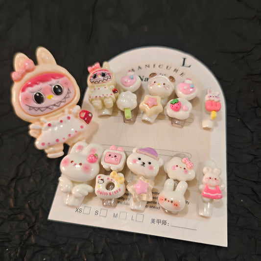 11Pcs(1Pack) Handmade Press On Nails Medium Oval Nails 25mm Sweet Plush Nails Cream White Pastel 3D Bow Flower Glossy Cute Style with Ring for Women Party Holiday Daily Wear Size S