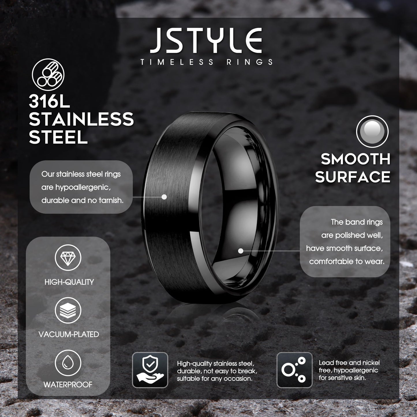 Jstyle Stainless Steel Rings for Men Women 8MM Wedding Band Rings Matte Surface - Beveled Polished Edge Mens Ring Size 9 Black Ring for Men